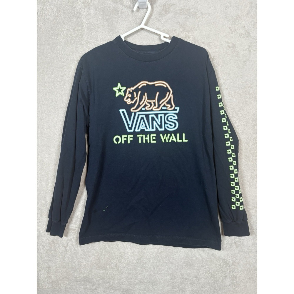 Vans Graphic Tee Kids‎ Medium Black Neon Bear Checkerboard Long Sleeve Shirt